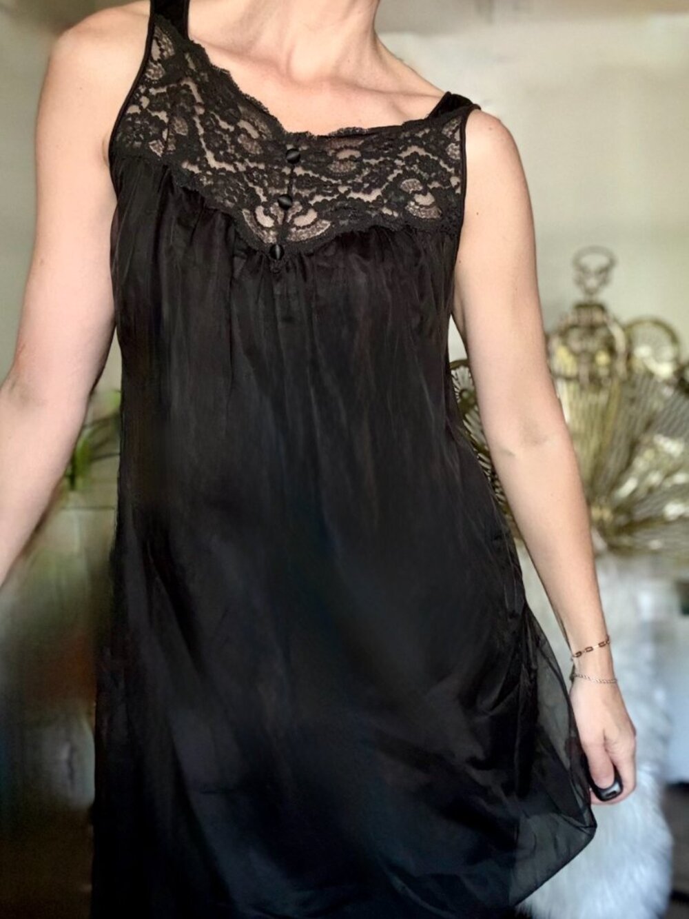 Vintage Black Babydoll Slip Lace Sheer Midi Dress Medium Whimsygoth